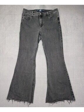 Hollister Womens 15R W32 L31 Gray High Rise Flare Jeans Raw Hem Stretch Boho 70s